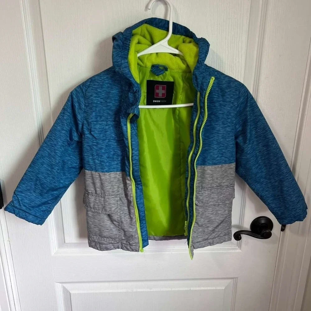 Swiss Tech Boys Blue Grey Colorblock Hooded Puffer Jacket Neon Green Lining 4T